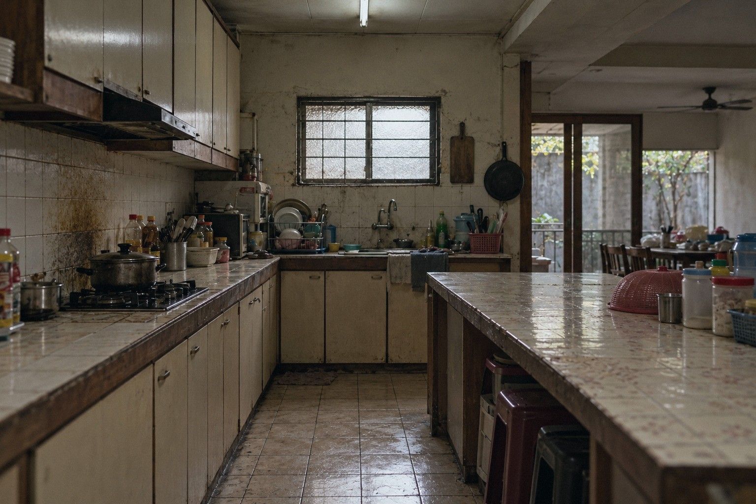 Before: the old kitchen, a dark room with one small window and a stove against the back wall