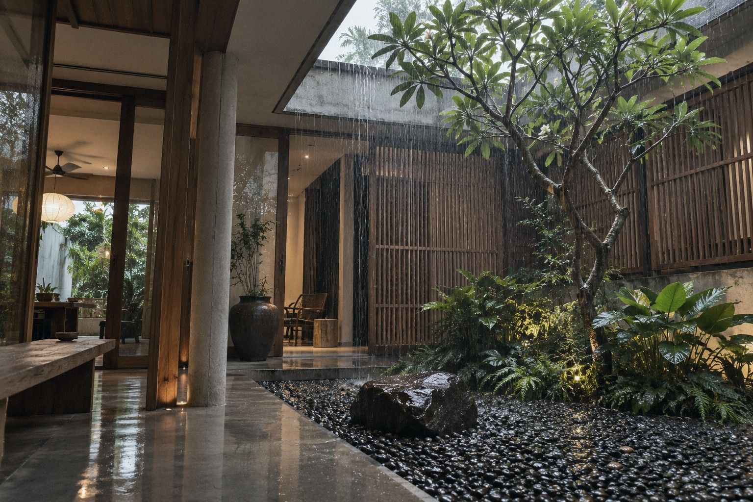 The open courtyard in the middle of the house, with a tree, granite paving and a shallow water channel