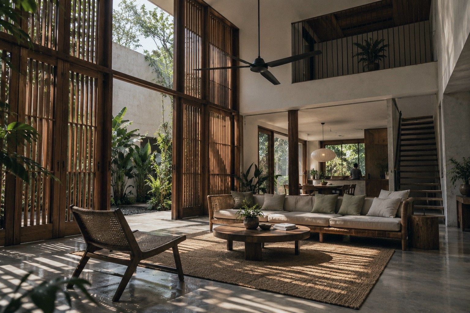 Living room in soft daylight, looking toward the glass walls of the new airwell